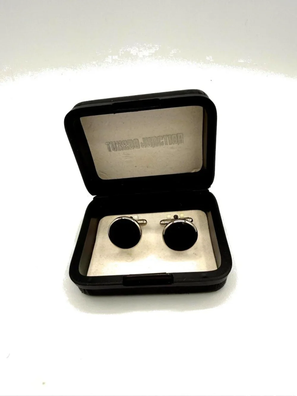 Tuxedo Junction Black Cufflinks Silver Tone Formal Wedding Accessories Gift Box